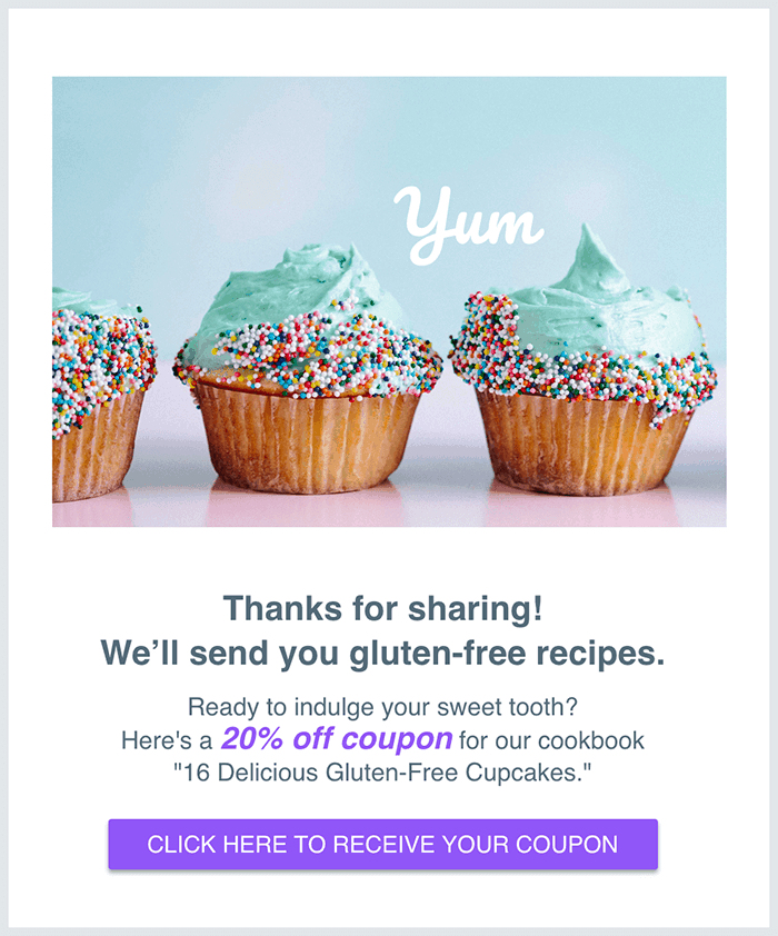 Email with a thanks and a discount on a cookbook