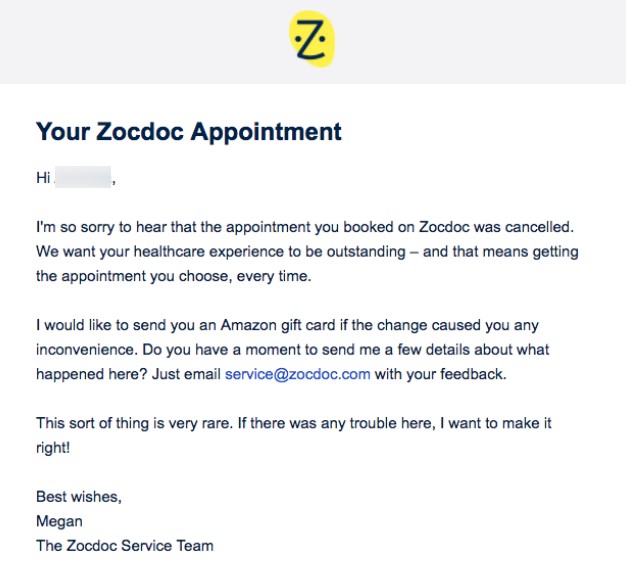 Apology email by Zocdoc