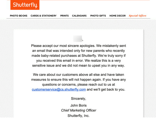Apology email by Shutterfly