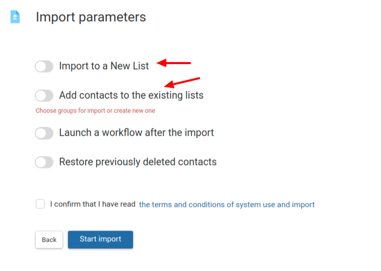 Choose a list where imported contacts will be added