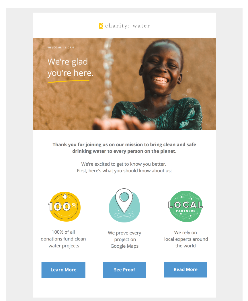 Multiple CTA button example by Charity Waters
