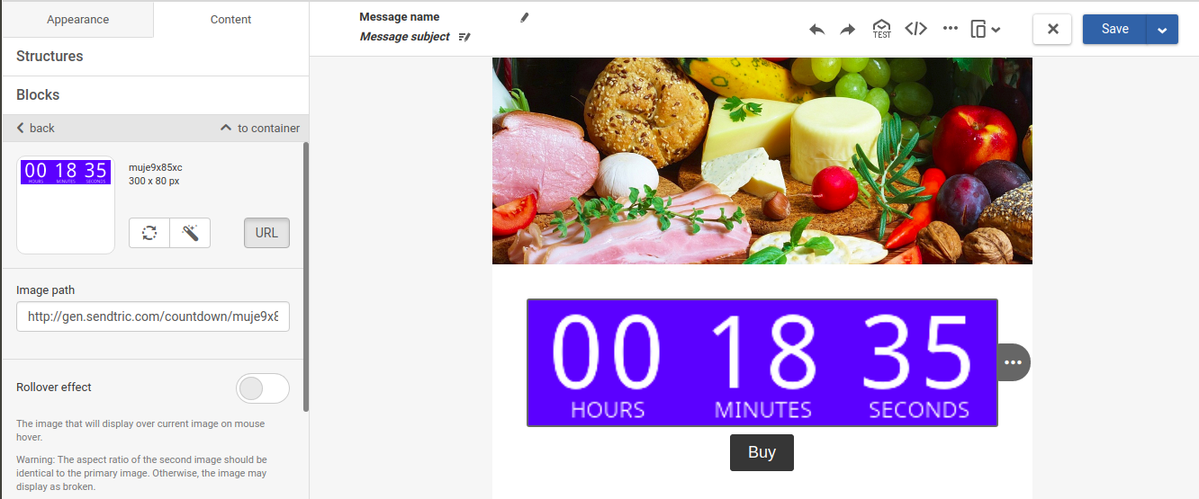 Countdown timer displayed in an email template