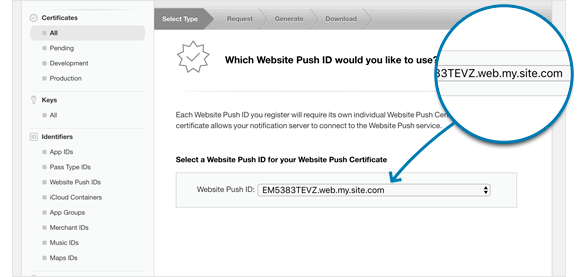  Select the Website Push ID